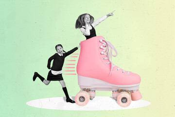 Poster - Creative collage image of two excited happy mini girls black white effect push ride huge rollerblade point finger isolated on drawing background