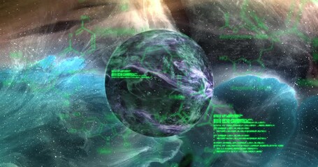 Poster - Animation of chemical formulas over black planet over universe