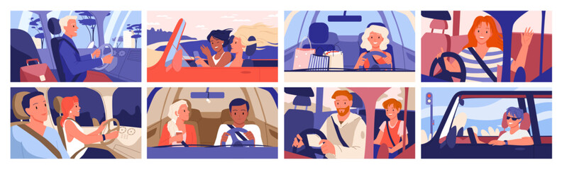 People inside car set vector illustration. Cartoon drivers holding steering wheel to drive vehicle, front and side view of woman and man sitting in interior of automobile background. Travel concept