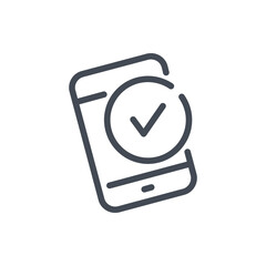 Fototapete - Mobile phone with check mark in circle line icon. Smartphone and approval tick vector outline sign.