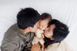© krongthip - Father and mother kissed the cheeks of a cute baby on the white mattress. with a happy smile.