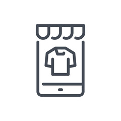 Poster - Online store and mobile shopping line icon. Smartphone with shop product on display vector outline sign.