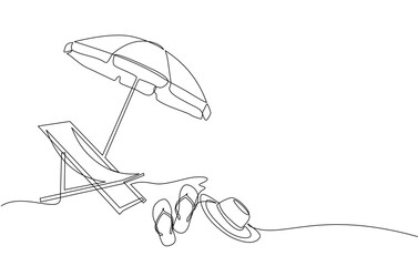 Continuous line drawing of summer vacation concept, sandy beach, beach umbrella, lounge chairs, straw hat, sunglasses and flip flops on tropical beach in single line doodle style. Editable strokes.