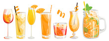 A Set Of Cocktails With Orange.Summer Refreshing Drinks In Different Glasses.Lemonade In A Jar With Orange, Mimosa, Negroni, Orange Juice, Screwdriver.Vector Illustration.