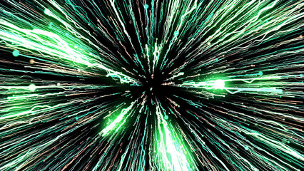 Fototapete - Bright abstraction.Motion. A dark background with long bright lines shimmering and moving in the 3d format and falling right into the center.