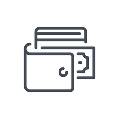 Poster - wallet and online payment line icon. purse with credit card and money note vector outline sign.