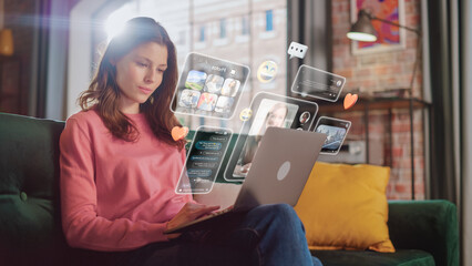 Fototapete - Young Beuatiful Women Using Laptop Computer To Check Social Media, Listen To Music and Read Emails. Creative Person Catching Up With Friends Online. 3D Visualization of Online Platforms Concept.