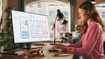 Fototapete - Young Beautiful Woman Working on Freelance from Loft Apartment on Desktop Computer. Creative Female Designing Mobile Application User Interface For Fintech Company. Urban City View from Big Window.