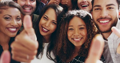 Aufkleber - Thumbs up, success and teamwork gesture from businesspeople in a group portrait while showing hand emoji sign or gesture. Happy diverse team of corporate workers with a good and winning expression