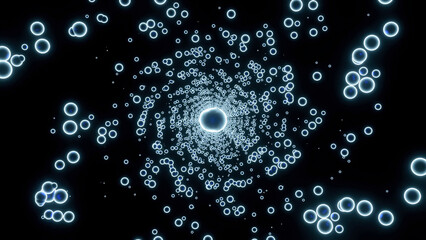 Poster - Colorful neon bubbles flying in a spiral on a black background. Design. Rotating tornado of small circles.