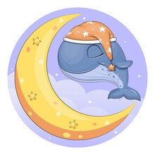 Cute Cartoon Sleeping Whale Wearing A Nightcap And Moon In The Sky. Night Animal Vector Illustration On Purple Background With Clouds.