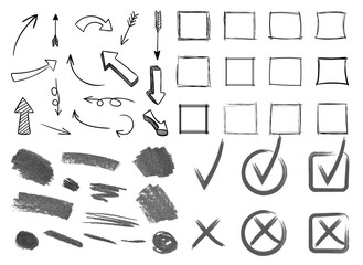 Wall Mural - vector set of hand drawn black and white elements frames squares arrows and strokes.