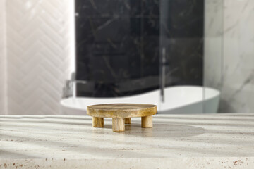 Wall Mural - wooden pedestal on marble desk and bathroom interior.