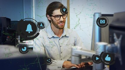 Poster - Animation of shapes and media icons over caucasian businessman using computer in office