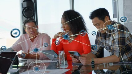 Poster - Animation of network of connections with icons over diverse business people in office