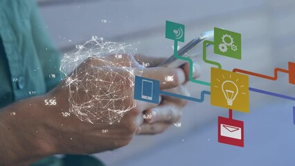 Poster - Animation of globe of connections and data processing over caucasian man using smartphone