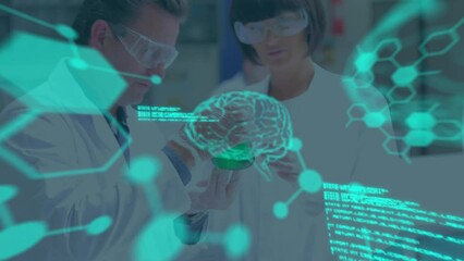 Poster - Animation of digital brain, molecules and data processing over diverse scientists in lab