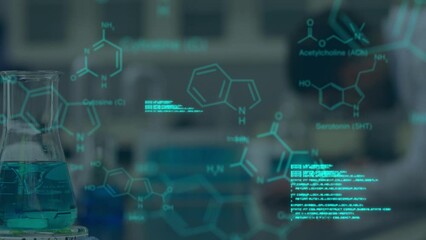 Sticker - Animation of molecules and data processing over biracial scientist in lab