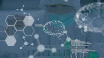 Poster - Animation of digital brain, molecules and data processing over caucasian scientist in lab