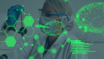 Poster - Animation of digital brain, molecules and data processing over caucasian scientist in lab