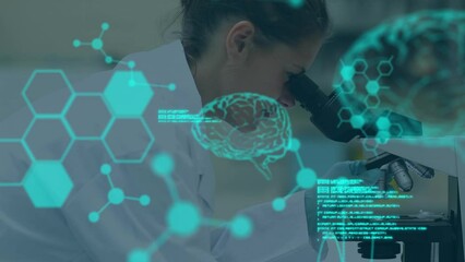 Poster - Animation of digital brain, molecules and data processing over caucasian scientist in lab