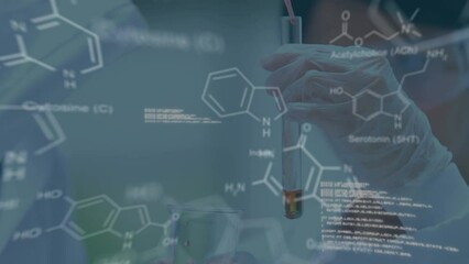 Poster - Animation of molecules and data processing over caucasian scientist in lab