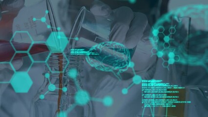 Poster - Animation of digital brain, molecules and data processing over caucasian scientist in lab