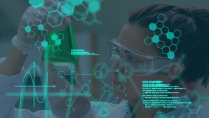 Poster - Animation of molecules and data processing over caucasian scientist in lab
