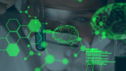 Poster - Animation of digital brain, molecules and data processing over caucasian scientist in lab