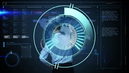 Poster - Animation of scope scanning with clock over data processing and caucasian businessman