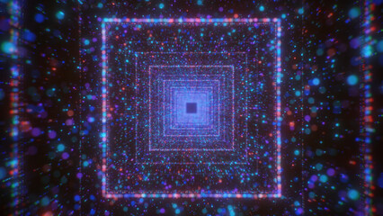 Poster - Colorful glowing particles in tunnel flow with squares. Motion. Beautiful flow of colorful particles in square tunnel. Cosmic or virtual tunnel with stream of particles