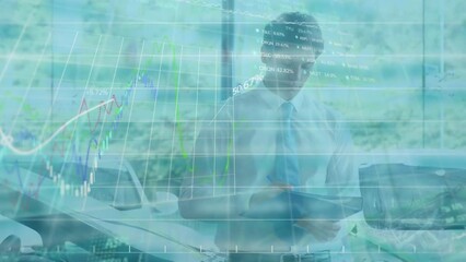 Poster - Animation of financial data processing over caucasian businessman