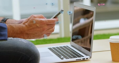 Poster - Animations of falling social media icons over person using laptop
