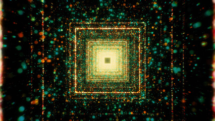 Poster - Colorful glowing particles in tunnel flow with squares. Motion. Beautiful flow of colorful particles in square tunnel. Cosmic or virtual tunnel with stream of particles