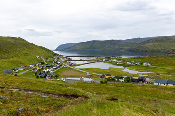 Wall Mural - Skarsvåg (Skarsvag) village, North Cape (Nordkapp), on the northern coast of the island of Mageroya in Finnmark, Northern Norway.