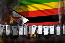 Zimbabwe Police Special Forces On City Street Are Protecting Government Against Demonstration - Protest Stopping Concept, Military 3D Illustration On Flag Background
