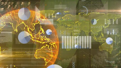 Poster - Animation of globe and world map with data processing over cityscape