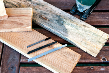 detail of saw blades for cutting wooden boards with an electric jigsaw