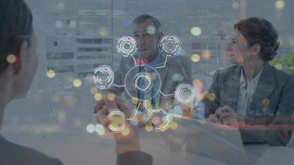 Poster - Animation of shapes and cityscape over caucasian business people in office