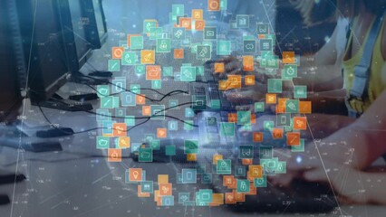 Poster - Animation of media icons over diverse schoolchildren using computers