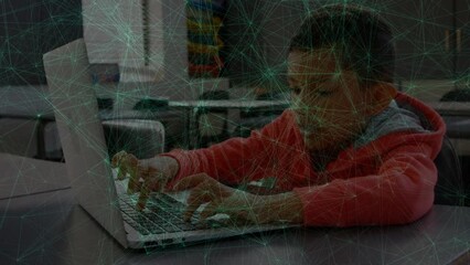 Poster - Animation of network of connections over biracial schoolboy using laptop
