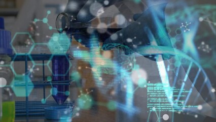 Poster - Animation of dna strand and data processing over caucasian female scientist in lab