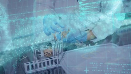 Poster - Animation of dna strand and data processing over caucasian female scientist in lab