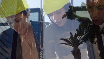 Poster - Animation of diverse architects in yellow helmets over cityscape