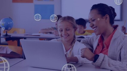 Poster - Animation of web icons over african american female teacher and caucasian girl using laptop