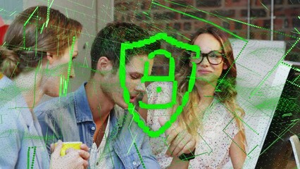 Poster - Animation of security padlock icon over diverse colleagues discussing together at office
