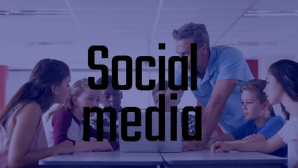 Poster - Animation of social media text over caucasian male teacher and group of students using laptop