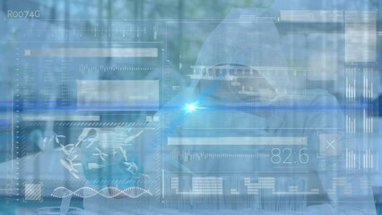 Poster - Animation of scientist experimenting in laboratory, glowing blue scientific data, dna in foreground