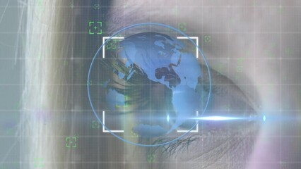 Poster - Animation of caucasion female eye focusing on light passing through spinning globe