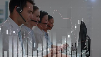 Poster - Animation of caucasian customer service operators using headsets in office, bar graph in foreground